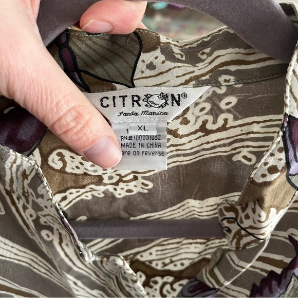 Citron Santa Monica Blouse Women's XL 100% Silk Button Dwon Mardarin Butterfly - Picture 6 of 7